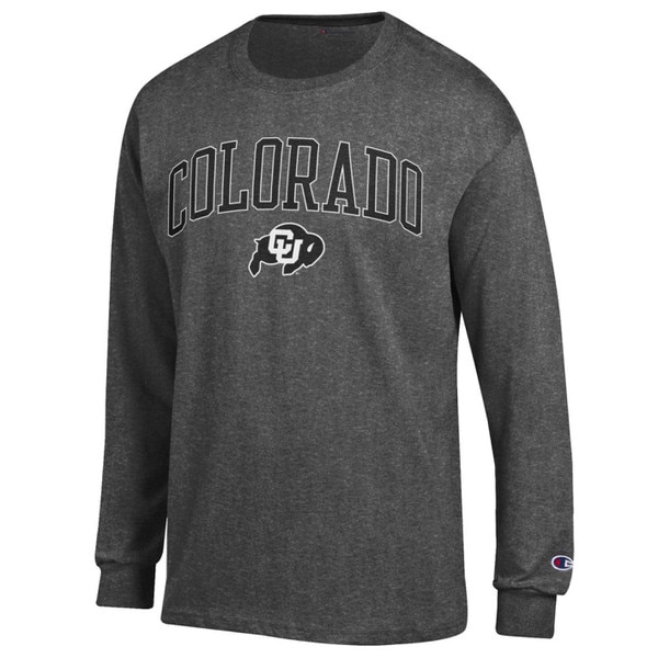 A dark gray crewneck sweatshirt with Colorado written in the front in bold block lettering and a C-U buffalo logo underneath.